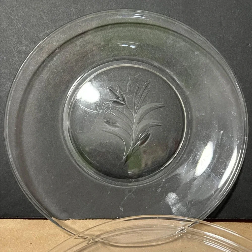Vintage Clear Glass Saucers Etched Floral Set‎ of 4 8.5 in Americana botanical